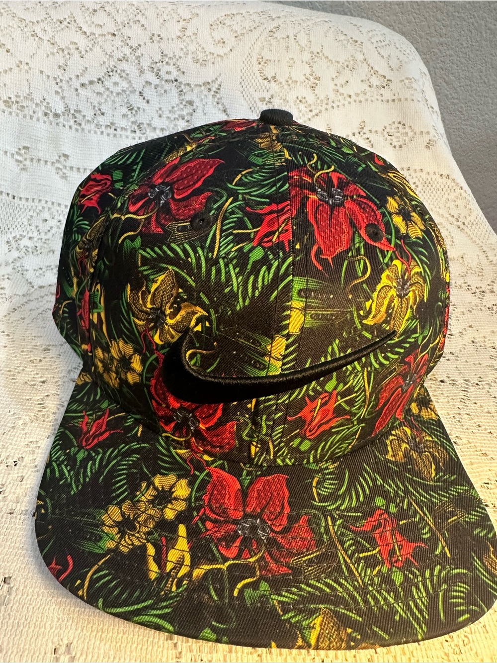Nike Black Floral Snapback Hat with Red, Yellow & Green Print